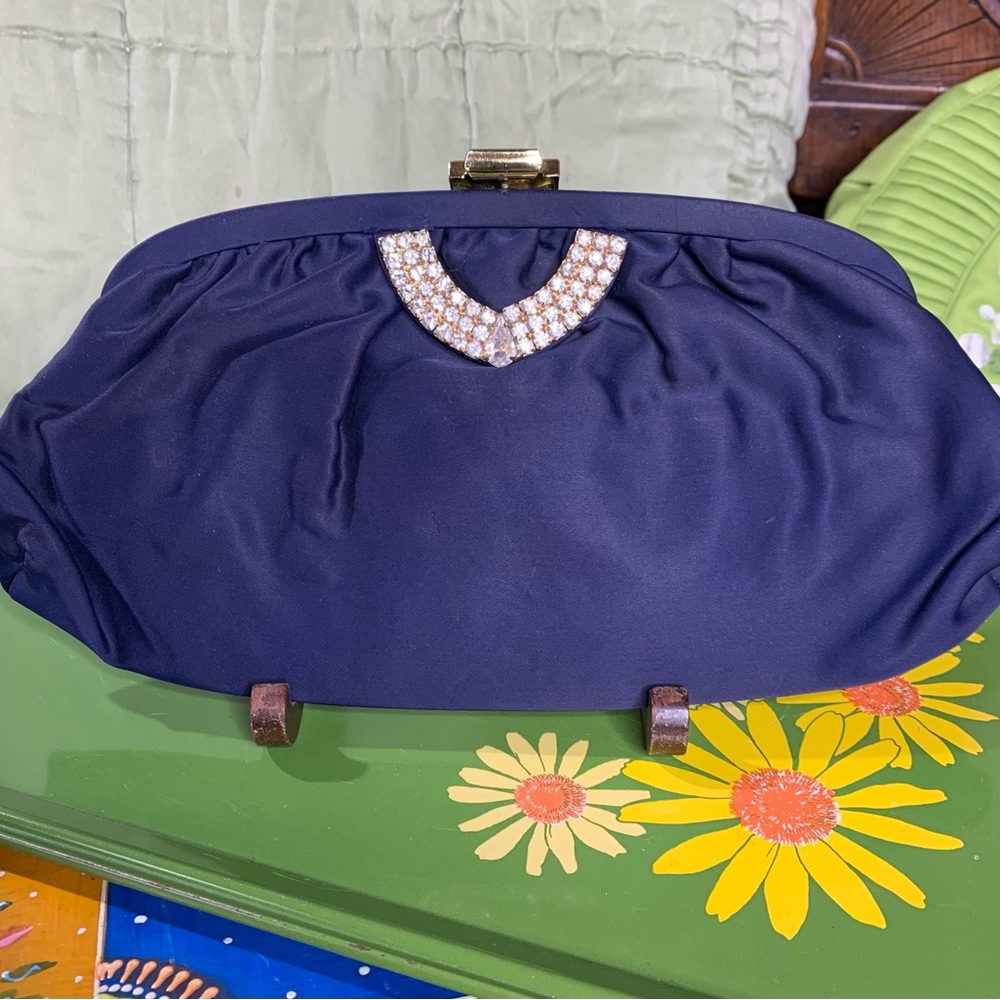 50s Blue Satin Rhinestone Clutch